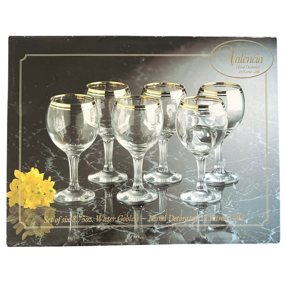 Valencia Set of 6 Water Goblets - Hand Decorated 24 Karat Gold - 8.75 oz